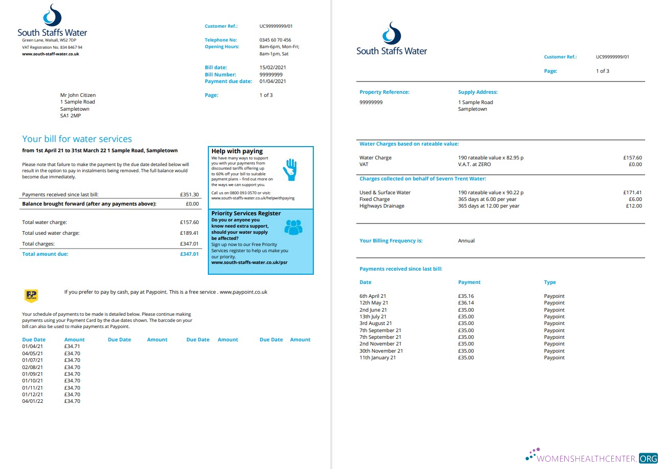 download United Kingdom South Staffs Water utility bill template in Word and PDF format, 2 pages PDF template